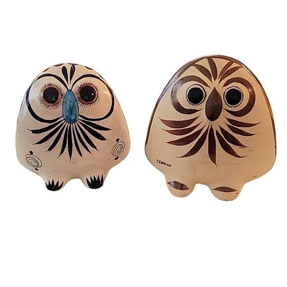 1960 Tonala Mexico and LAT Mexico Folk Art Both Signed Two Owls 5" and 4.5" - Picture 1 of 12